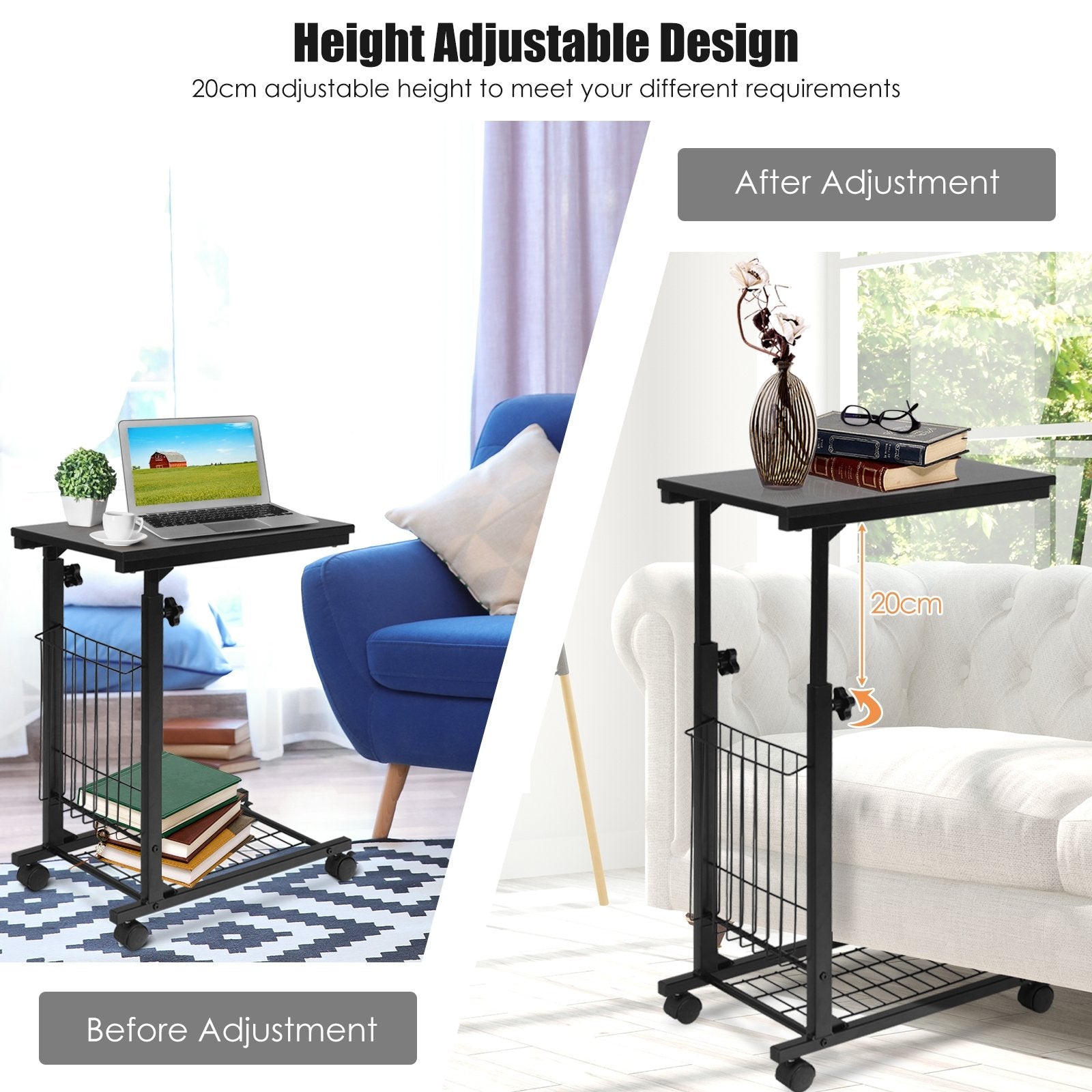 Rolling Height Adjustable Sofa End Side Table, Black End & Side Tables   at Gallery Canada