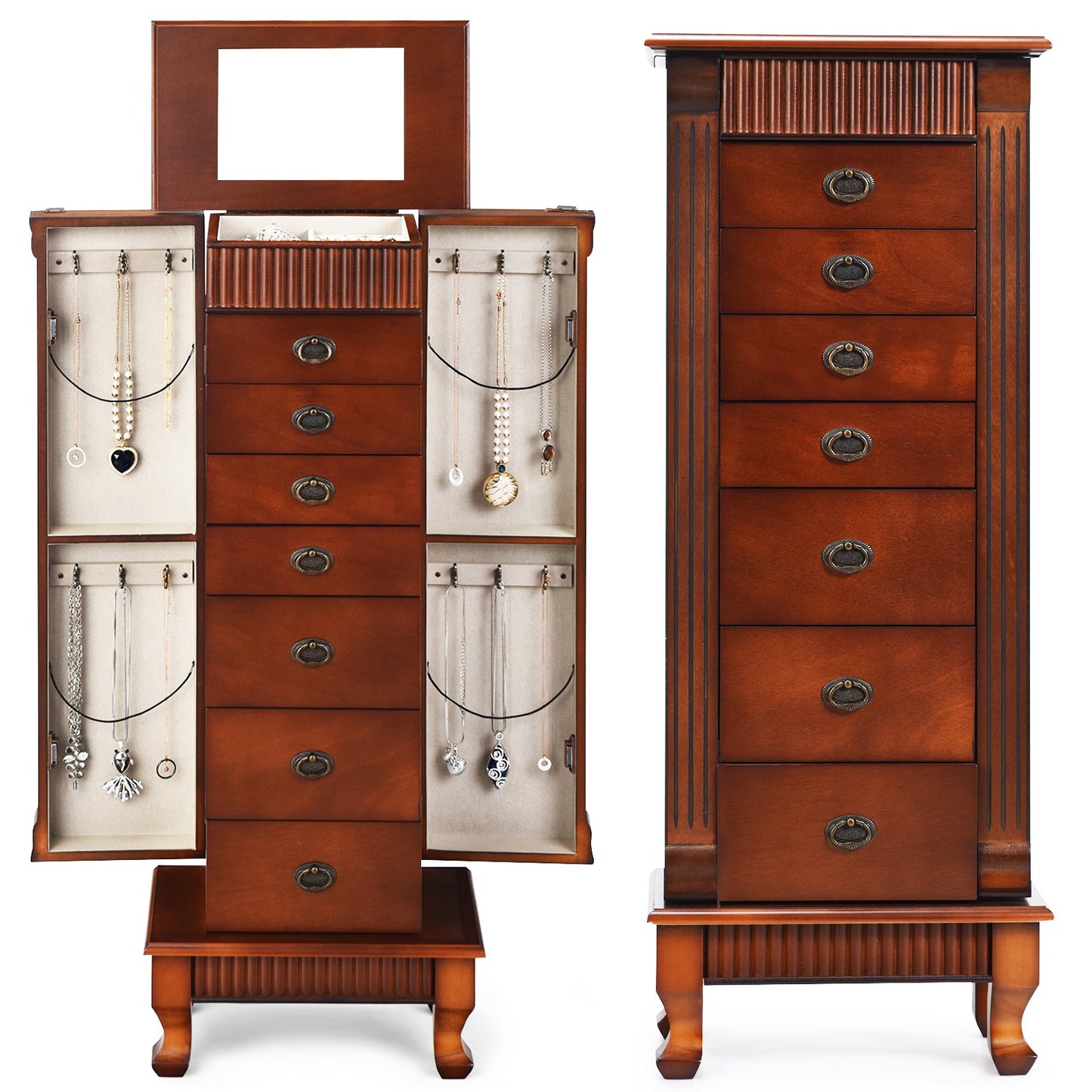 Wooden Jewelry Armoire Cabinet Storage Chest with Drawers and Swing Doors, Brown Jewelry Armoires   at Gallery Canada