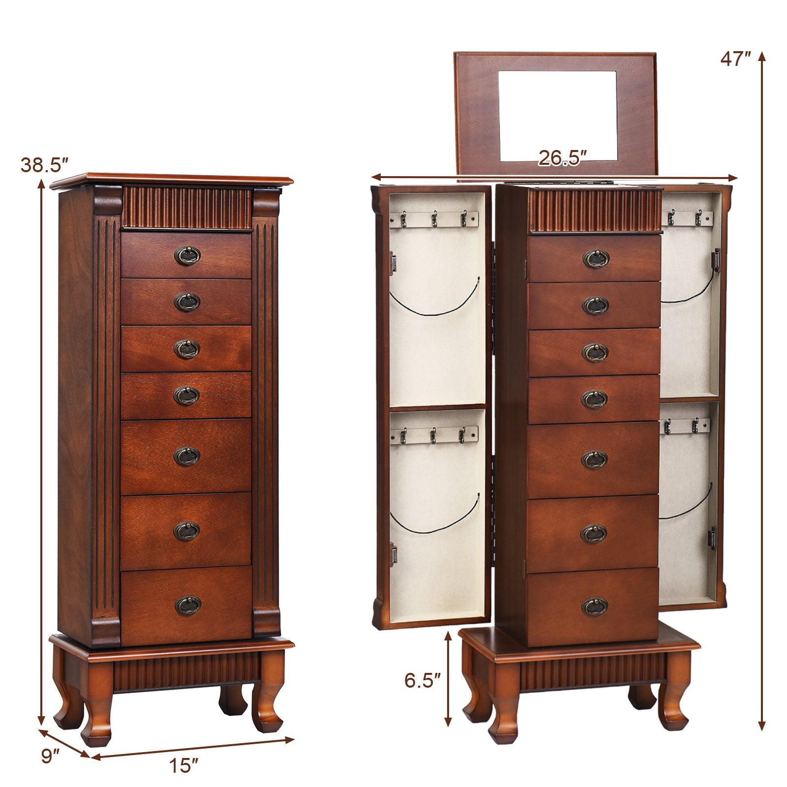 Wooden Jewelry Armoire Cabinet Storage Chest with Drawers and Swing Doors, Brown Jewelry Armoires   at Gallery Canada