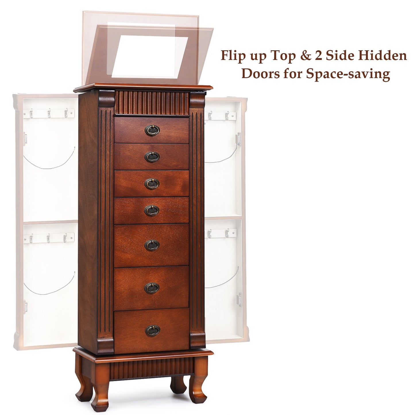 Wooden Jewelry Armoire Cabinet Storage Chest with Drawers and Swing Doors, Brown Jewelry Armoires   at Gallery Canada