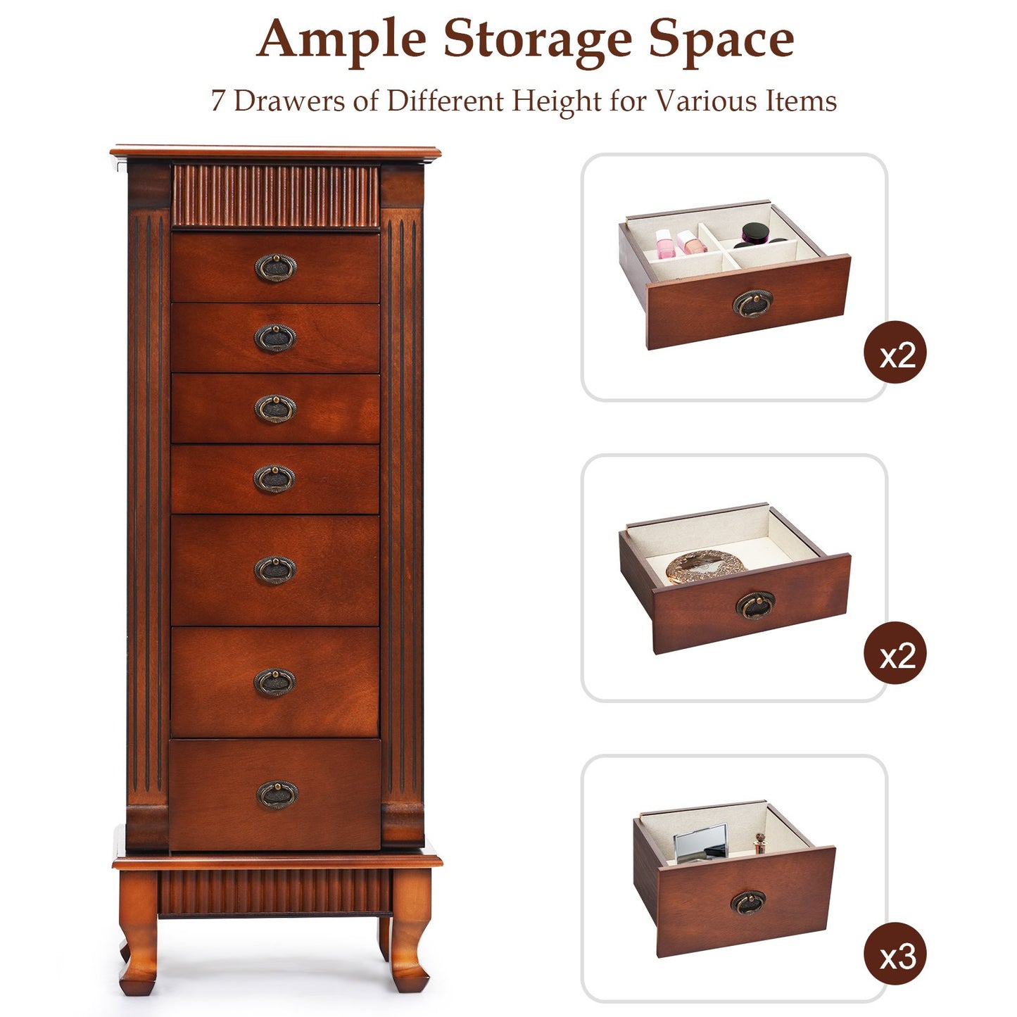 Wooden Jewelry Armoire Cabinet Storage Chest with Drawers and Swing Doors, Brown Jewelry Armoires   at Gallery Canada