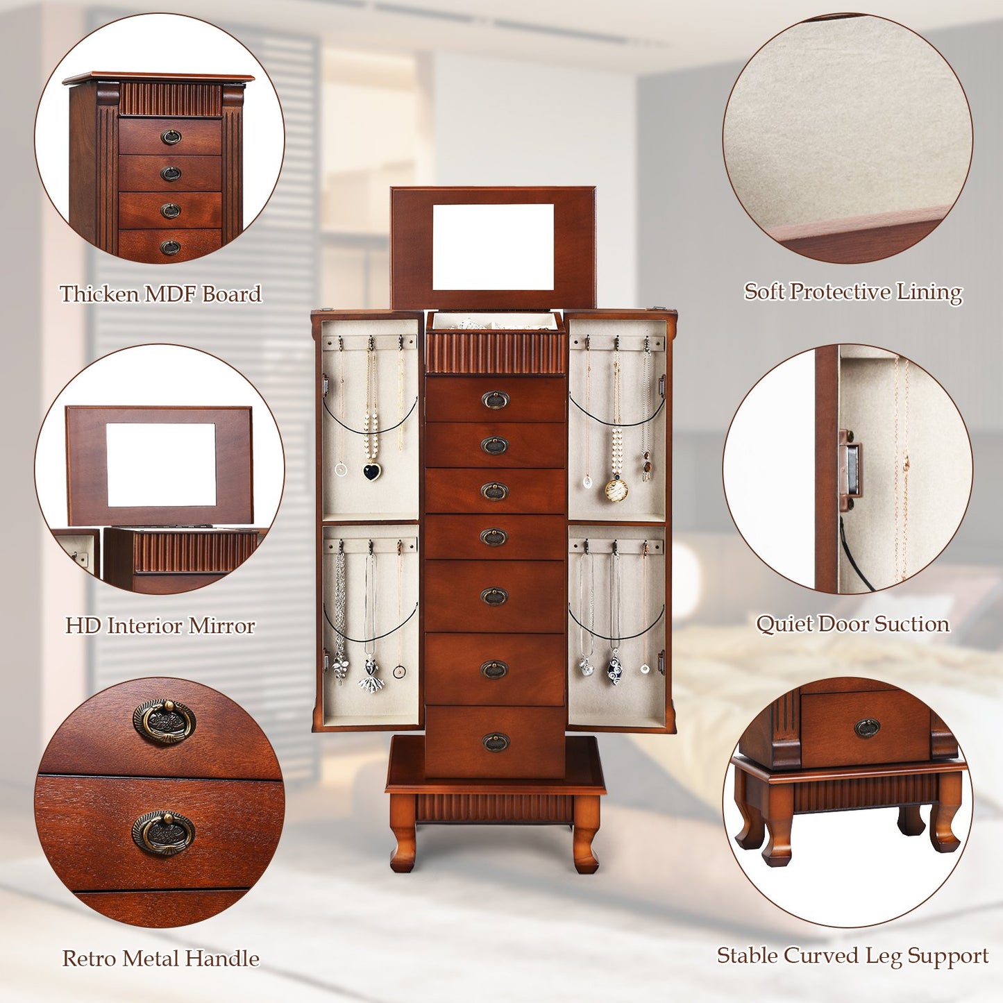 Wooden Jewelry Armoire Cabinet Storage Chest with Drawers and Swing Doors, Brown Jewelry Armoires   at Gallery Canada