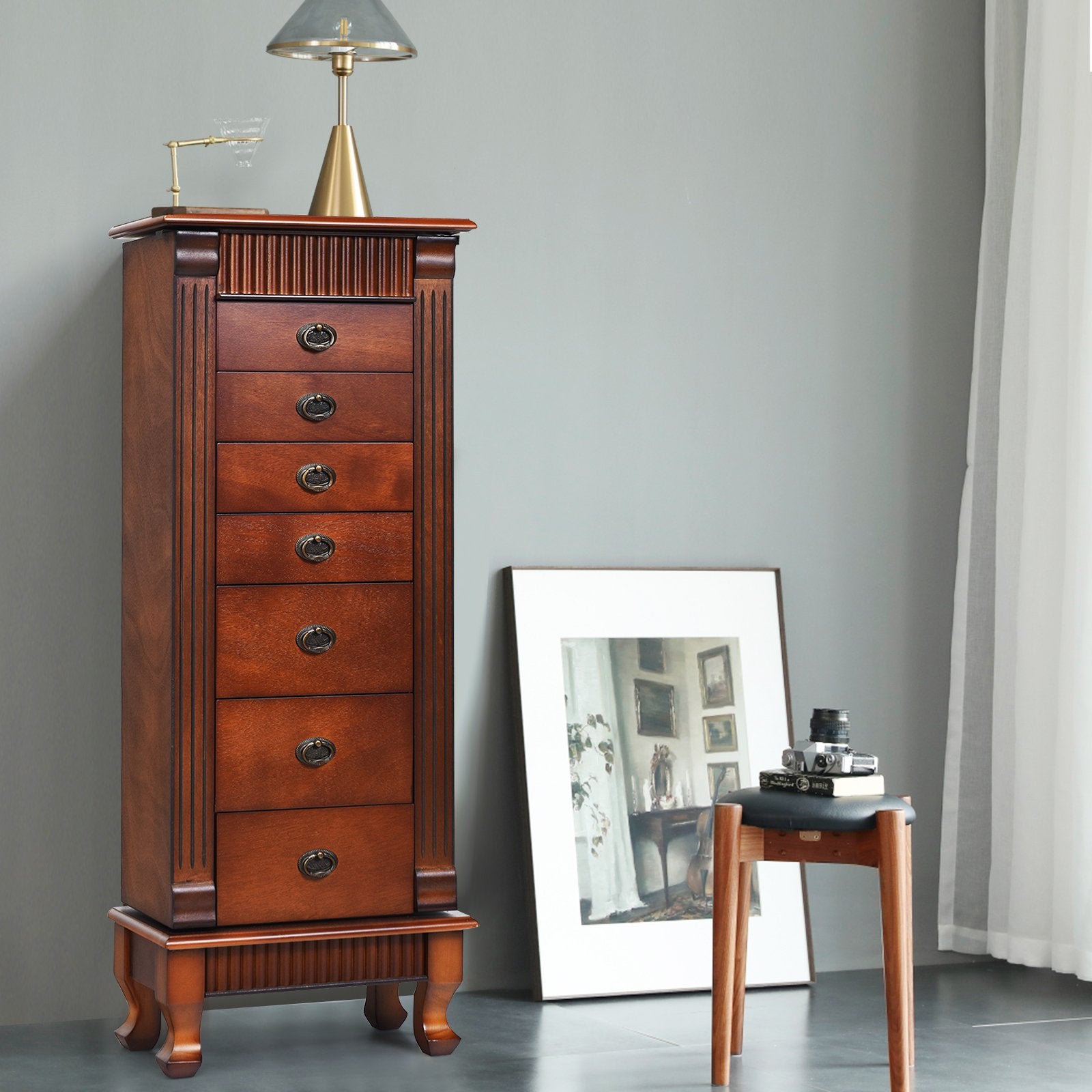 Wooden Jewelry Armoire Cabinet Storage Chest with Drawers and Swing Doors, Brown Jewelry Armoires   at Gallery Canada