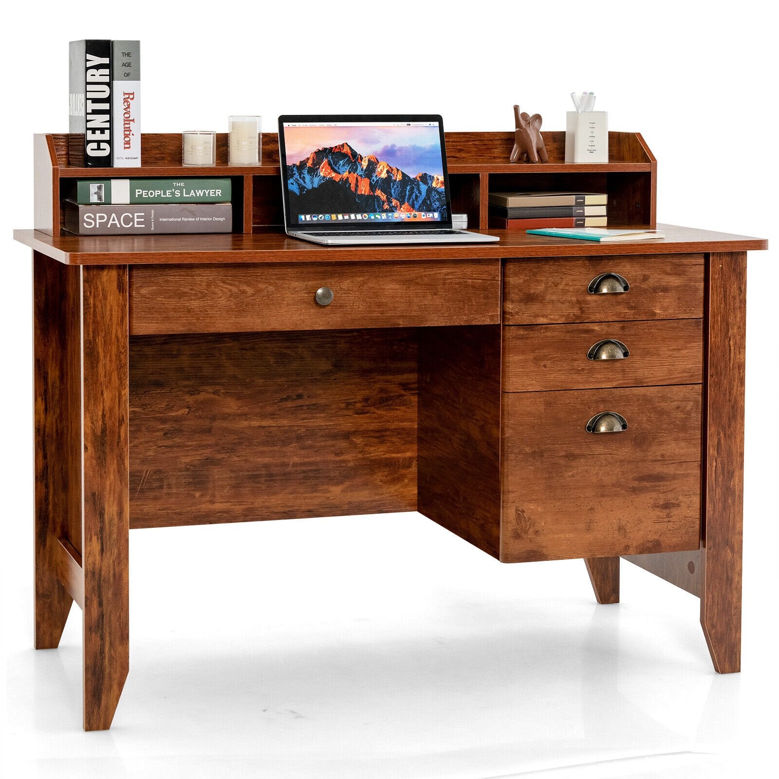 Vintage Computer Desk with Storage Shelves and 4 Drawers, Rustic Brown Computer Desks   at Gallery Canada