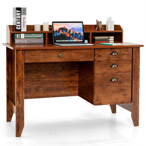 Vintage Computer Desk with Storage Shelves and 4 Drawers, Rustic Brown