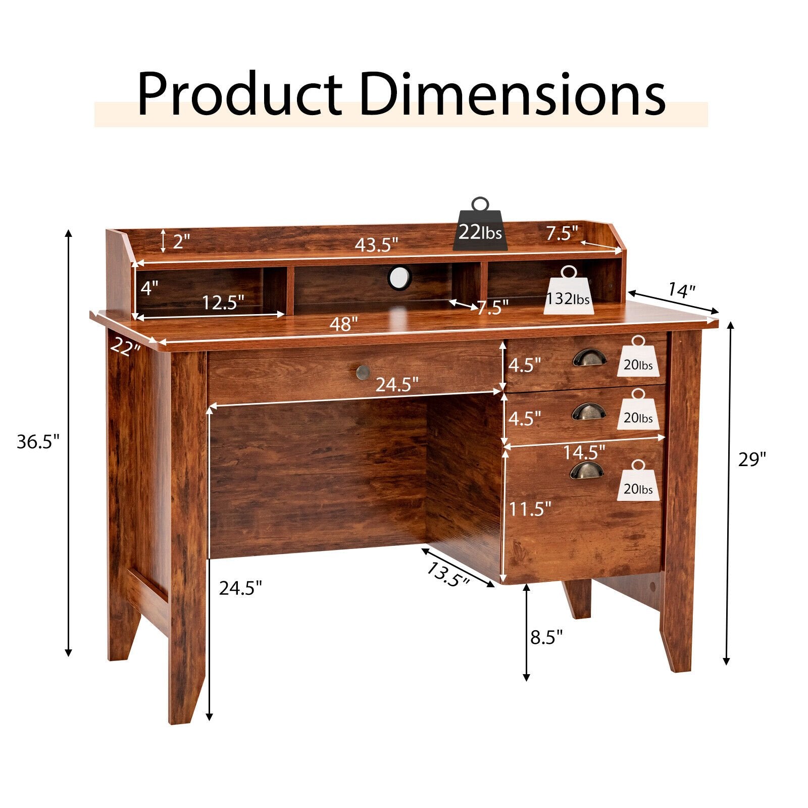 Vintage Computer Desk with Storage Shelves and 4 Drawers, Rustic Brown Computer Desks   at Gallery Canada