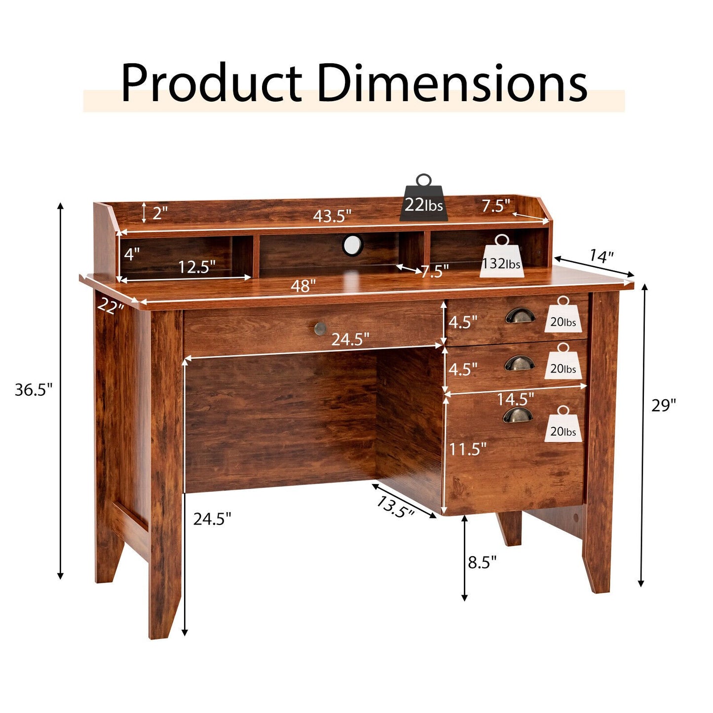 Vintage Computer Desk with Storage Shelves and 4 Drawers, Rustic Brown Computer Desks   at Gallery Canada