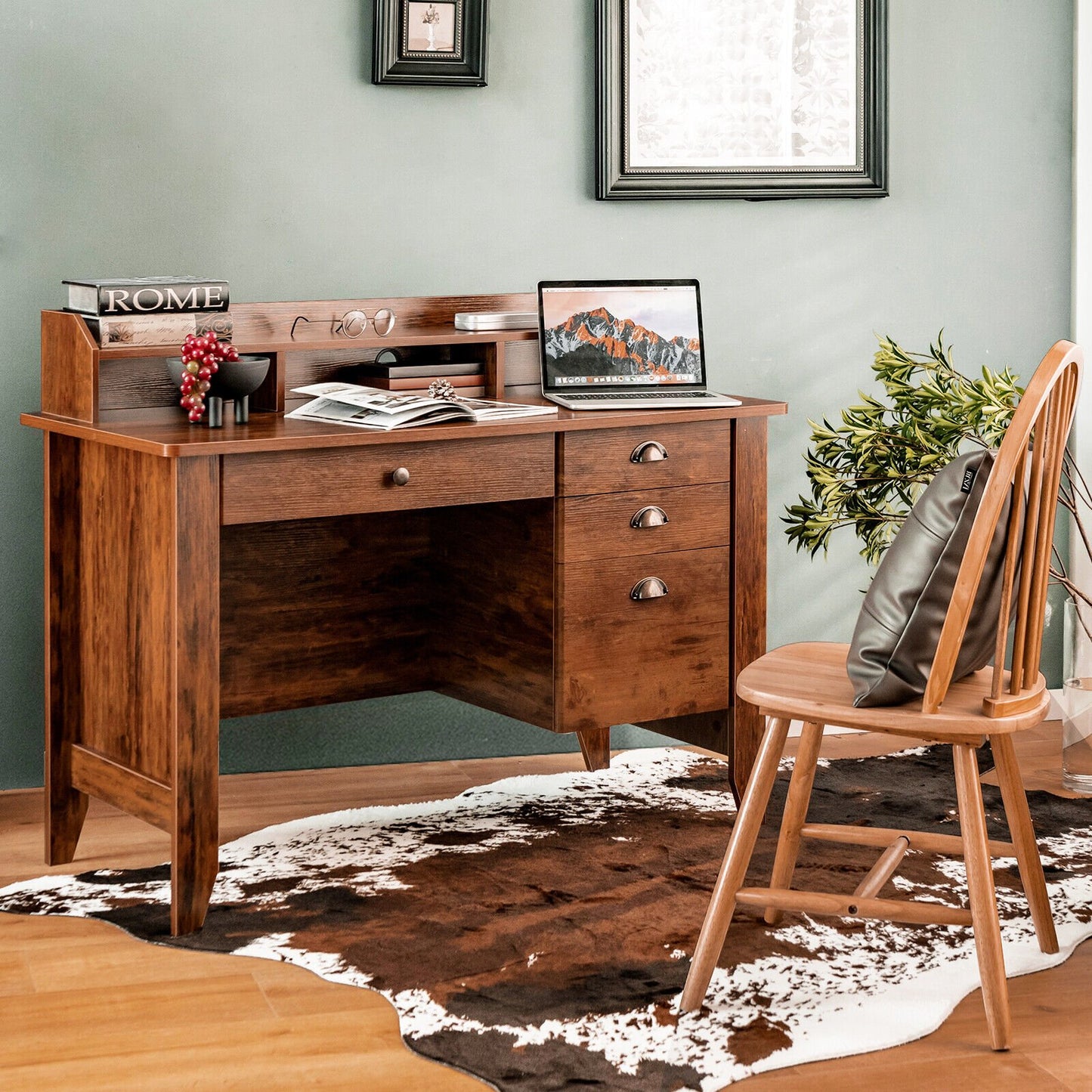 Vintage Computer Desk with Storage Shelves and 4 Drawers, Rustic Brown Computer Desks   at Gallery Canada