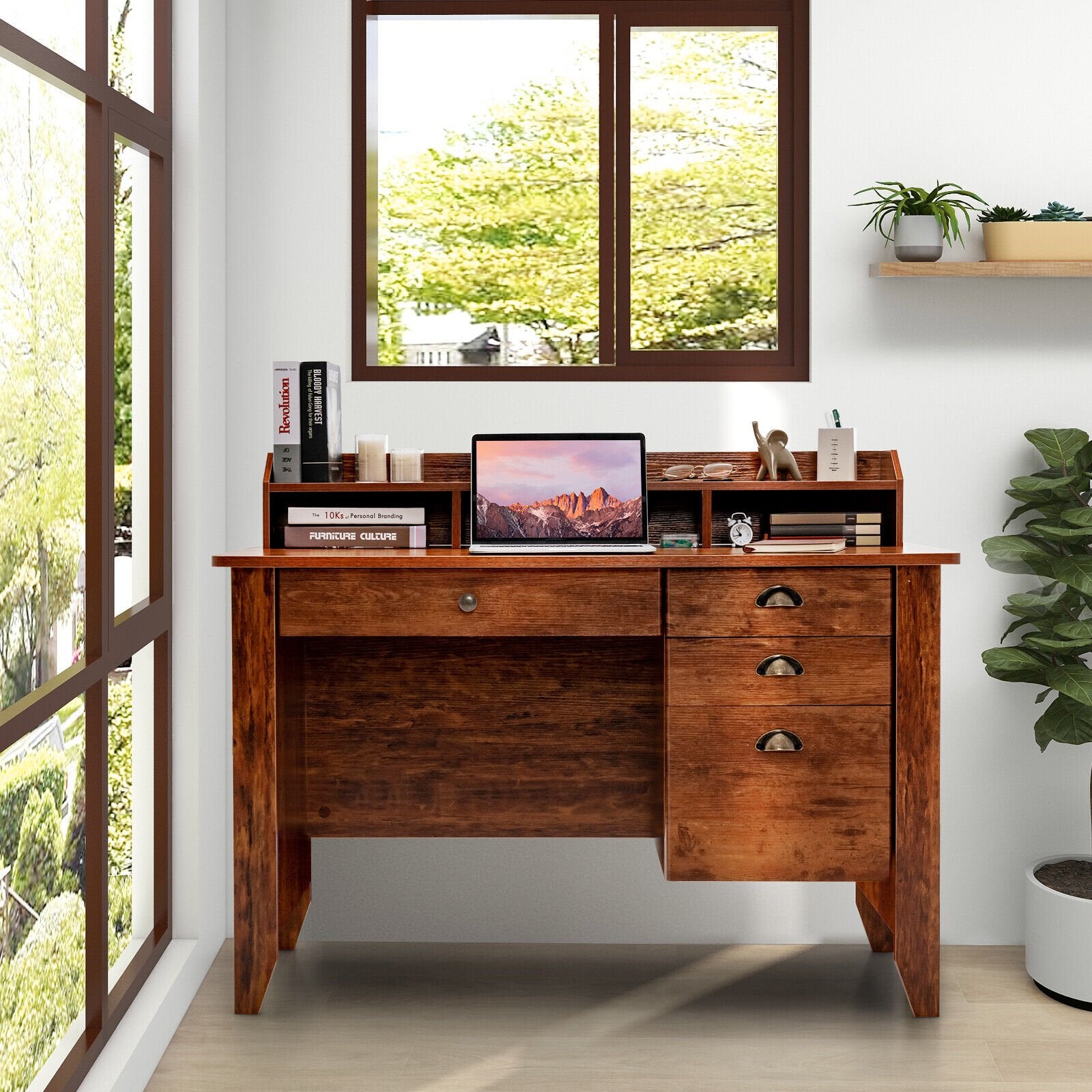 Vintage Computer Desk with Storage Shelves and 4 Drawers, Rustic Brown Computer Desks   at Gallery Canada