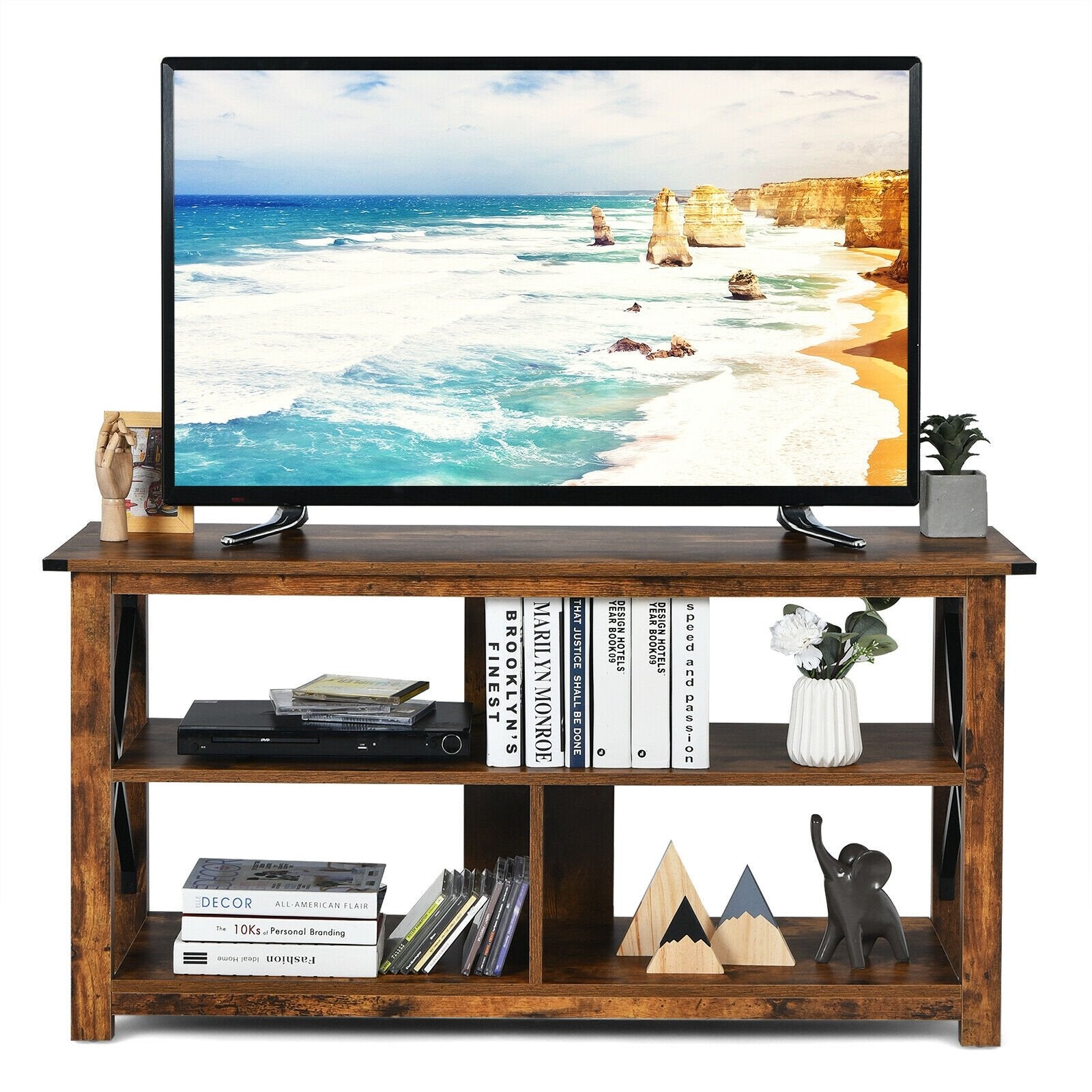 Modern Farmhouse TV Stand Entertainment Center for TV's up to 55-Inch with Open Shelves, Brown Entertainment Centers & TV Stands   at Gallery Canada