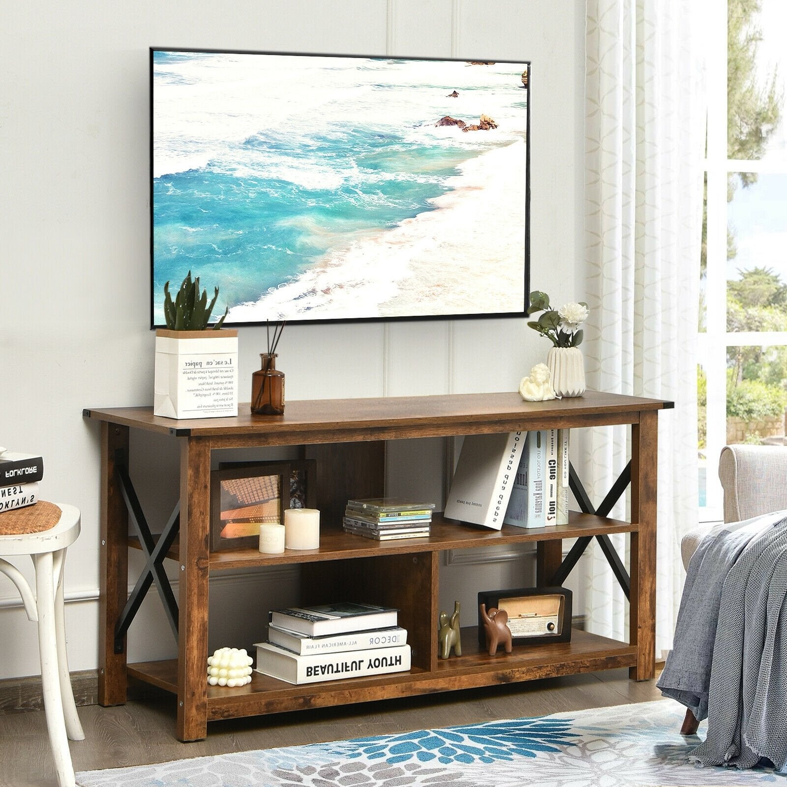 Modern Farmhouse TV Stand Entertainment Center for TV's up to 55-Inch with Open Shelves, Brown Entertainment Centers & TV Stands   at Gallery Canada