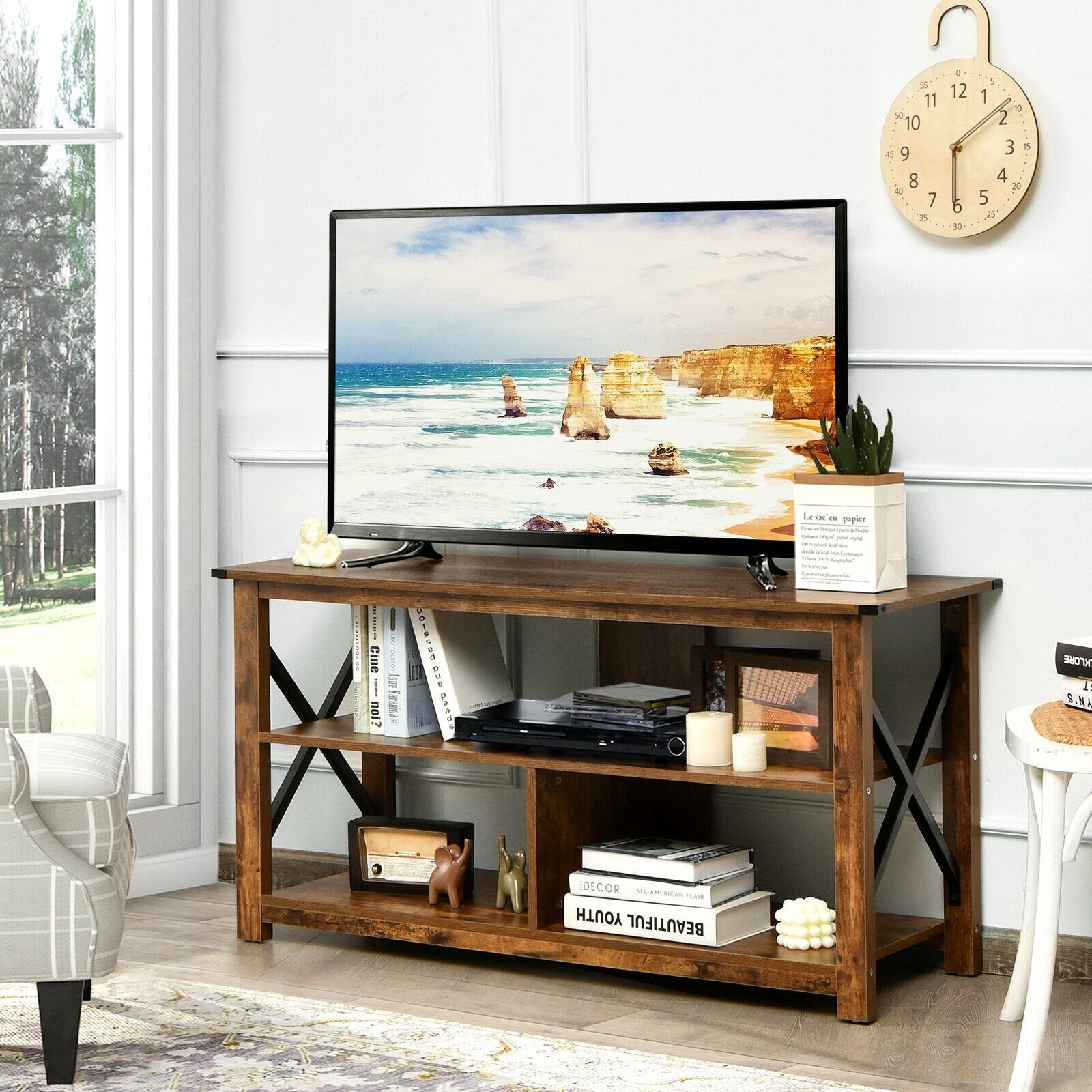 Modern Farmhouse TV Stand Entertainment Center for TV's up to 55-Inch with Open Shelves, Brown Entertainment Centers & TV Stands   at Gallery Canada