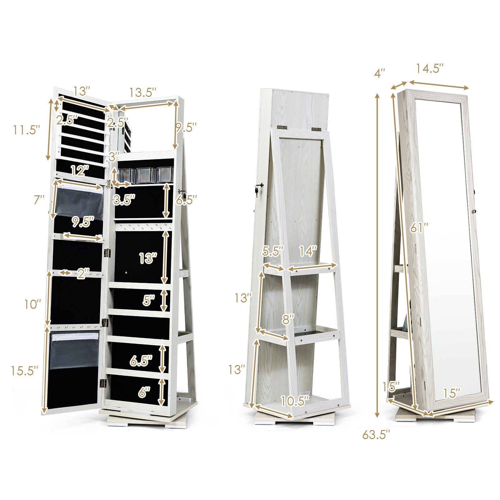 360° Rotatable 2-in-1 Lockable Jewelry Cabinet with Full-Length Mirror, White Jewelry Armoires   at Gallery Canada