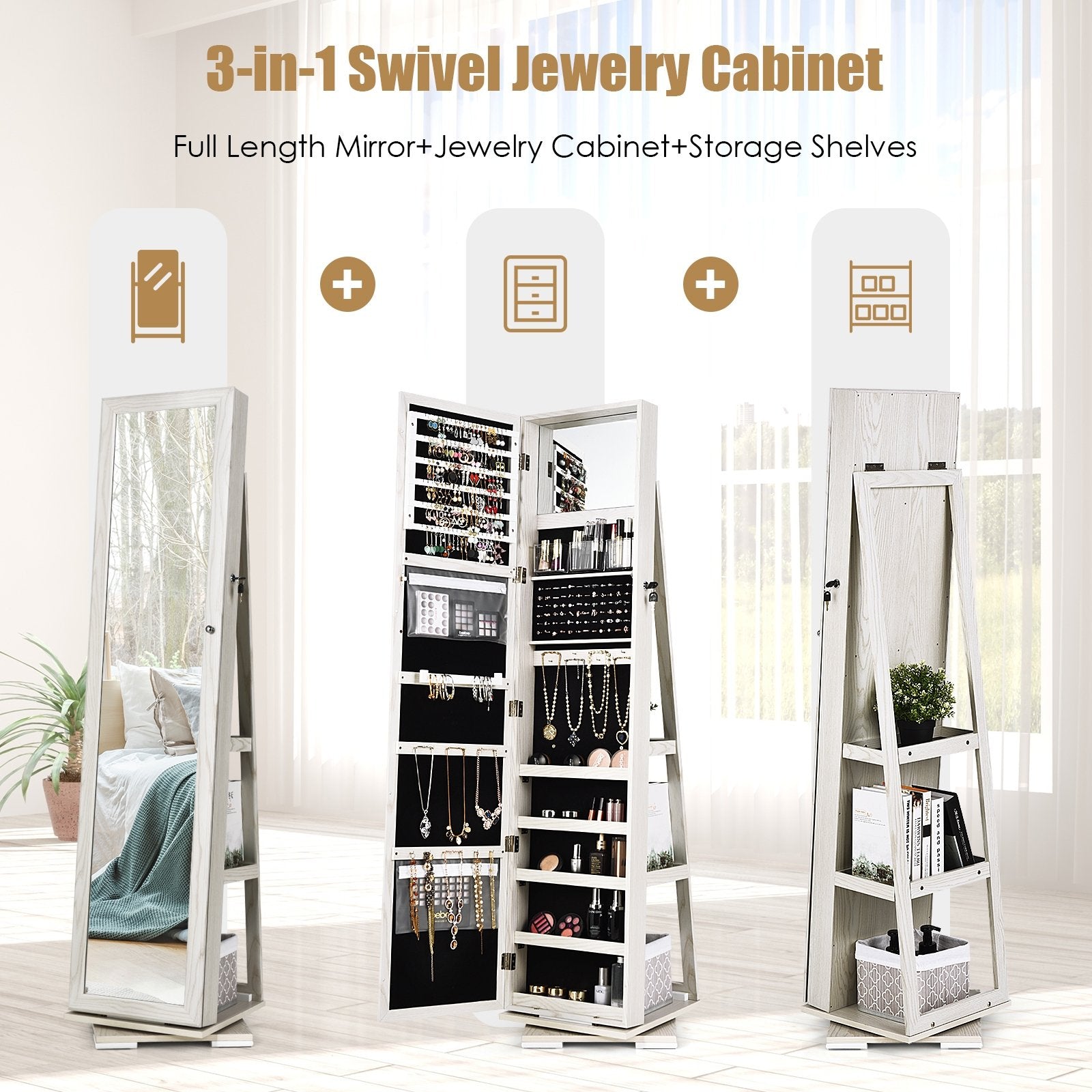 360° Rotatable 2-in-1 Lockable Jewelry Cabinet with Full-Length Mirror, White Jewelry Armoires   at Gallery Canada