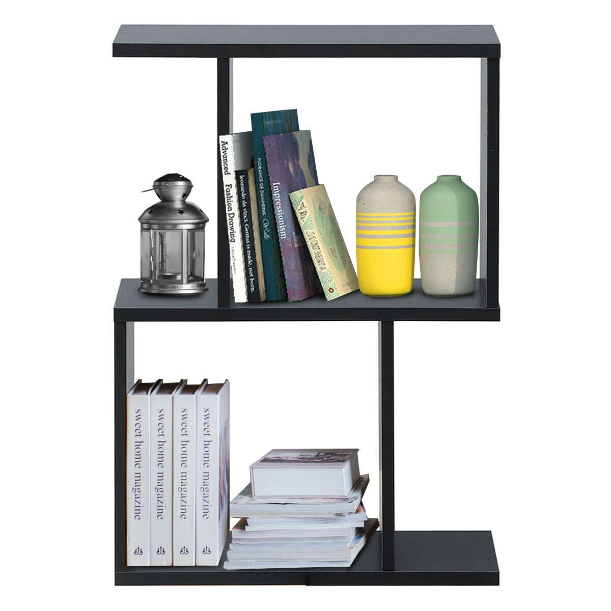 2/3/4 Tiers Wooden S-Shaped Bookcase for Living Room Bedroom Office-2-Tier, Black Bookcases   at Gallery Canada