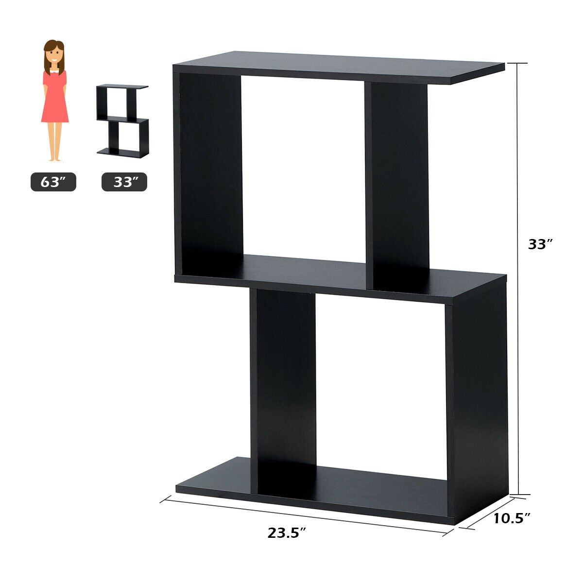 2/3/4 Tiers Wooden S-Shaped Bookcase for Living Room Bedroom Office-2-Tier, Black Bookcases   at Gallery Canada