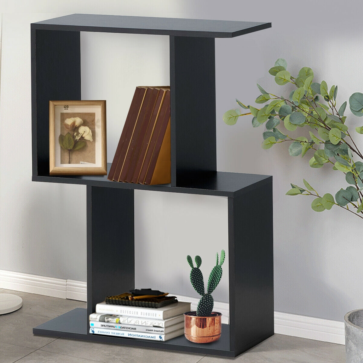 2/3/4 Tiers Wooden S-Shaped Bookcase for Living Room Bedroom Office-2-Tier, Black Bookcases   at Gallery Canada