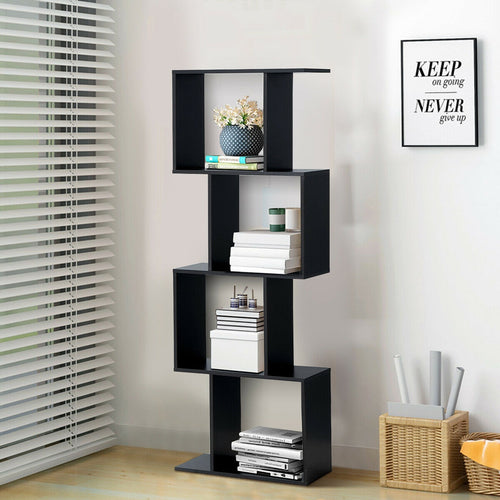 2/3/4 Tiers Wooden S-Shaped Bookcase for Living Room Bedroom Office-4-Tier, Black