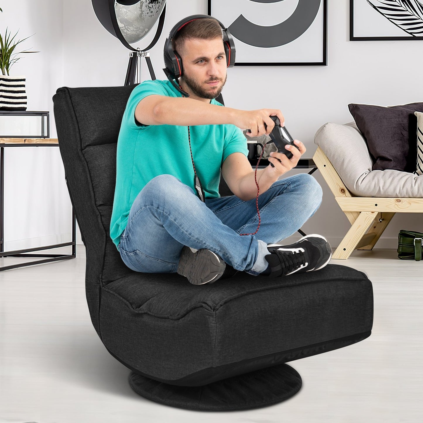 5-Position Folding Floor Gaming Chair, Black - Gallery Canada