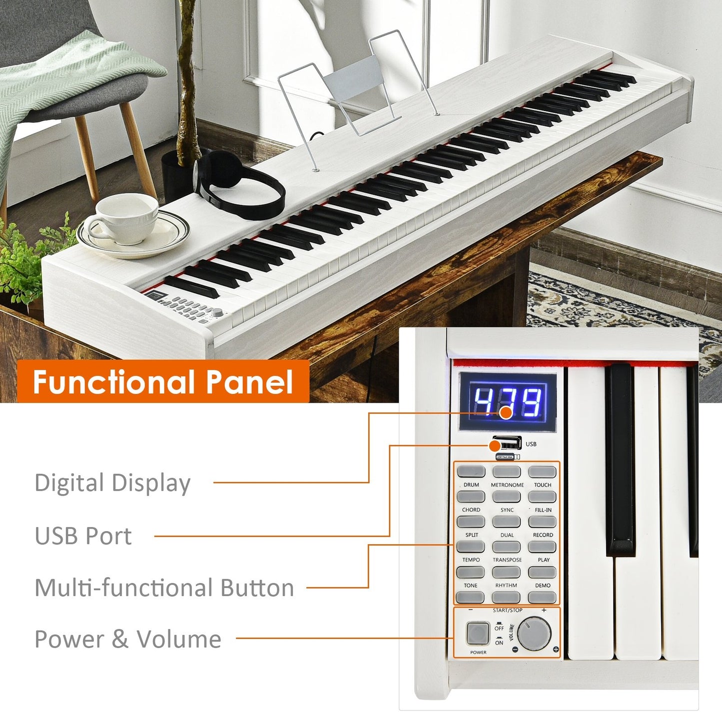 88-Key Full Size Digital Piano Weighted Keyboard with Sustain Pedal, White - Gallery Canada