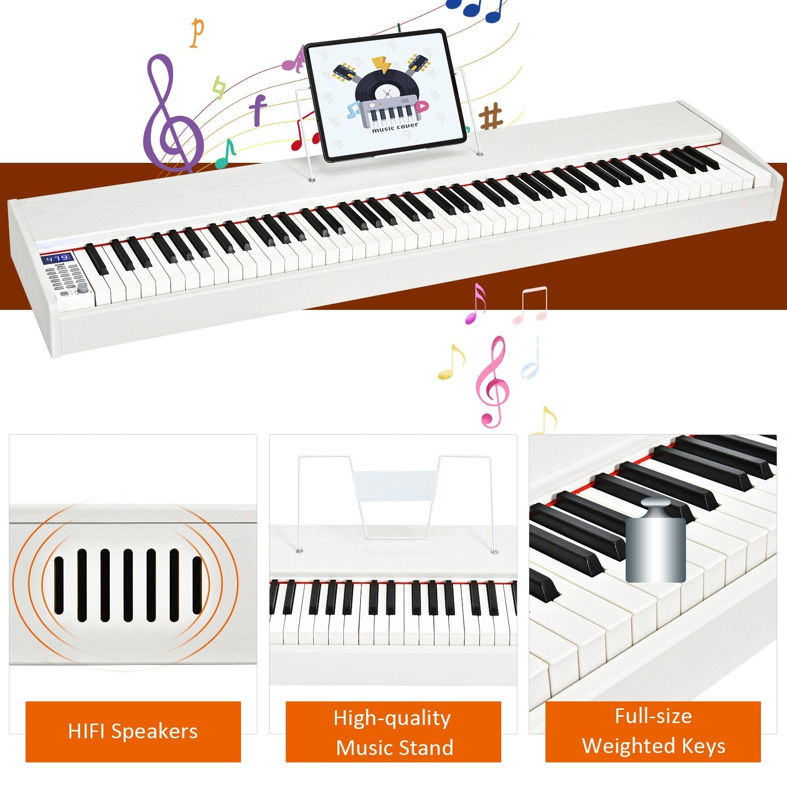 88-Key Full Size Digital Piano Weighted Keyboard with Sustain Pedal, White - Gallery Canada