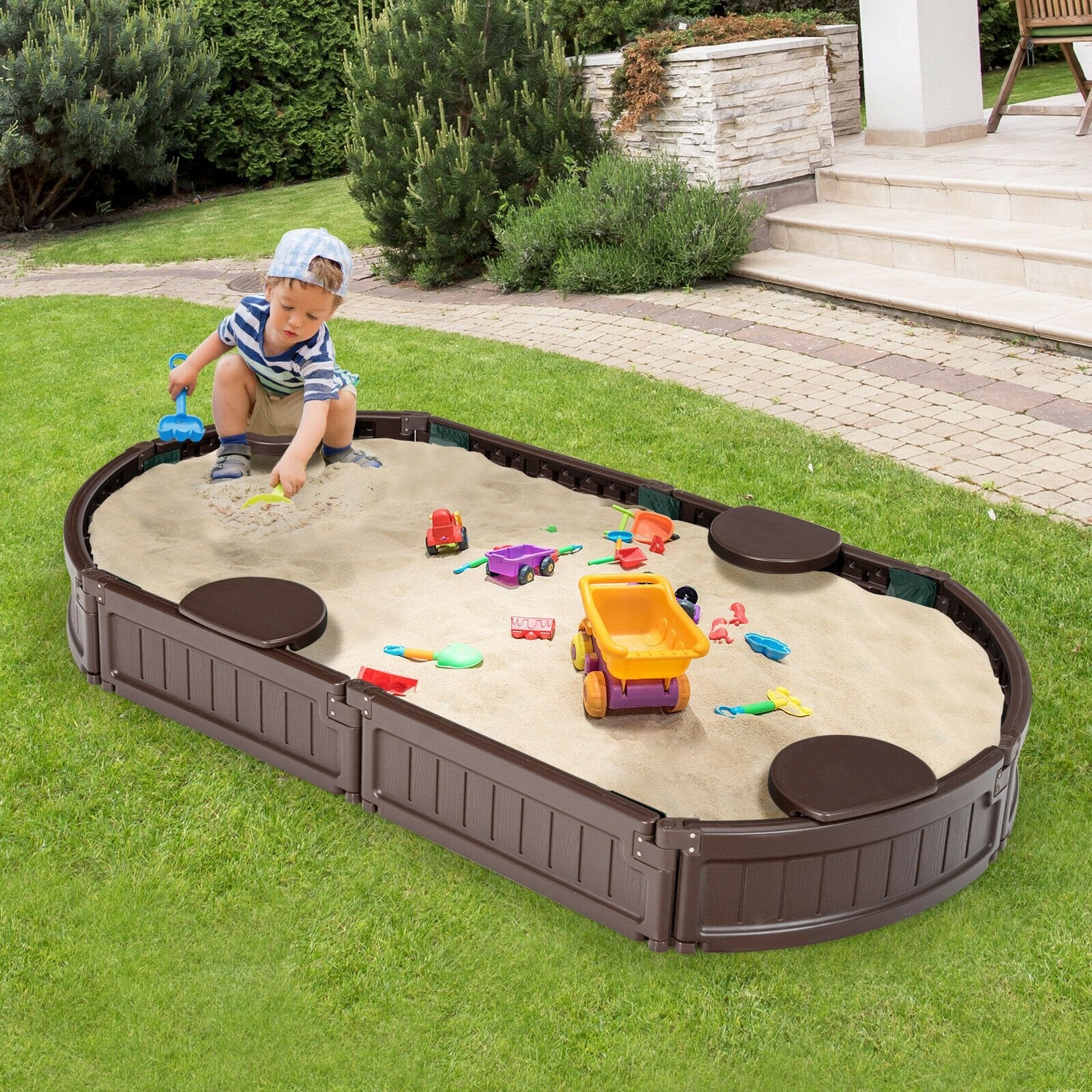 Sandbox with Built-in Corner Seat and Bottom Liner, Brown Sandboxes   at Gallery Canada