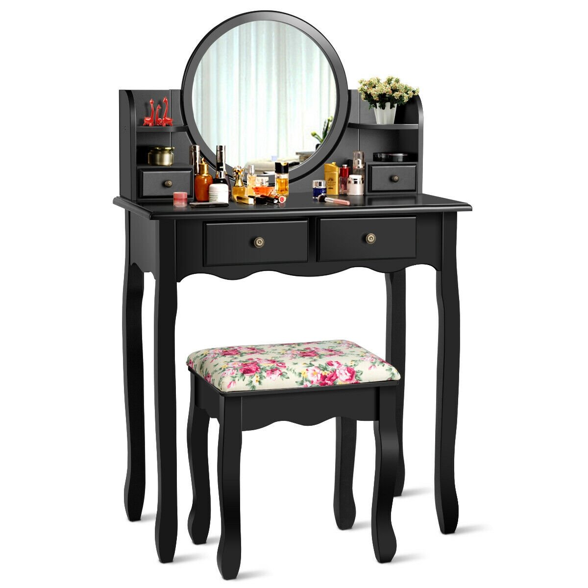 Makeup Vanity Table Set Girls Dressing Table with Drawers Oval Mirror, Black Makeup Vanities   at Gallery Canada