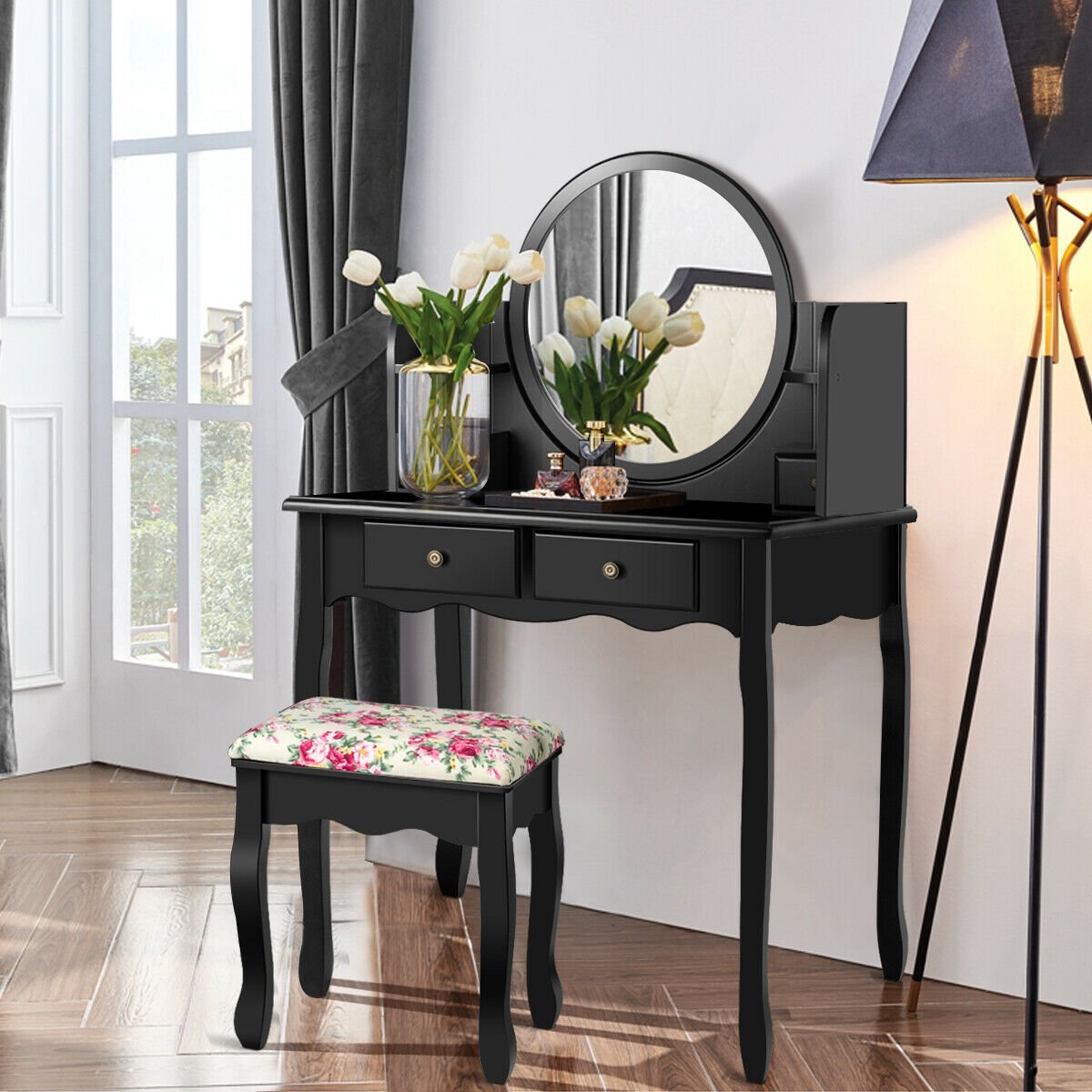 Makeup Vanity Table Set Girls Dressing Table with Drawers Oval Mirror, Black Makeup Vanities   at Gallery Canada