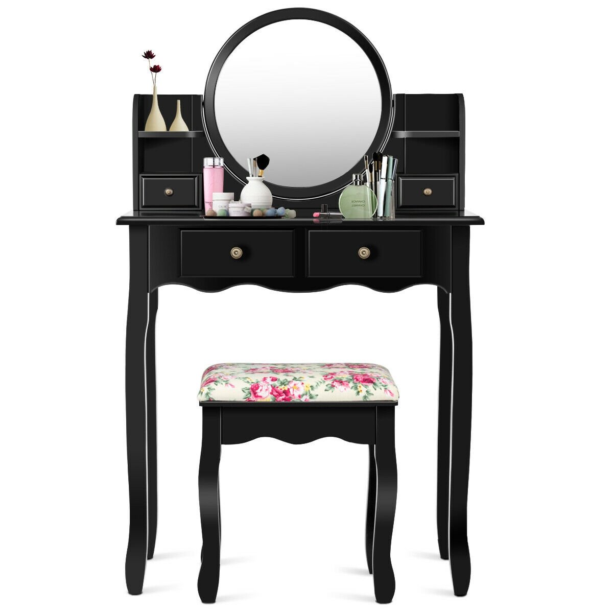 Makeup Vanity Table Set Girls Dressing Table with Drawers Oval Mirror, Black - Gallery Canada