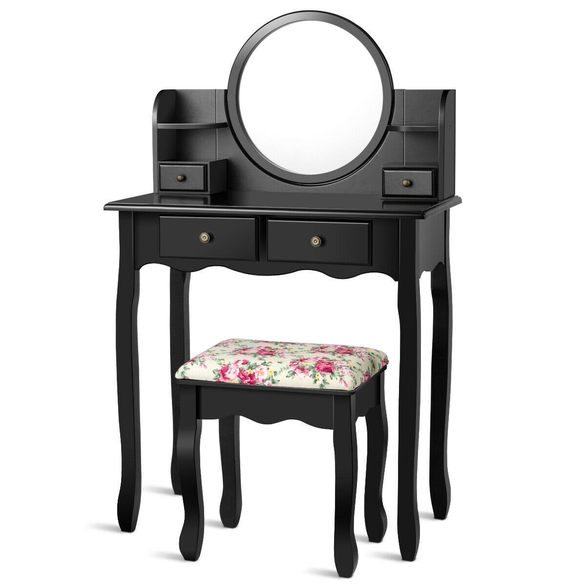 Makeup Vanity Table Set Girls Dressing Table with Drawers Oval Mirror, Black - Gallery Canada