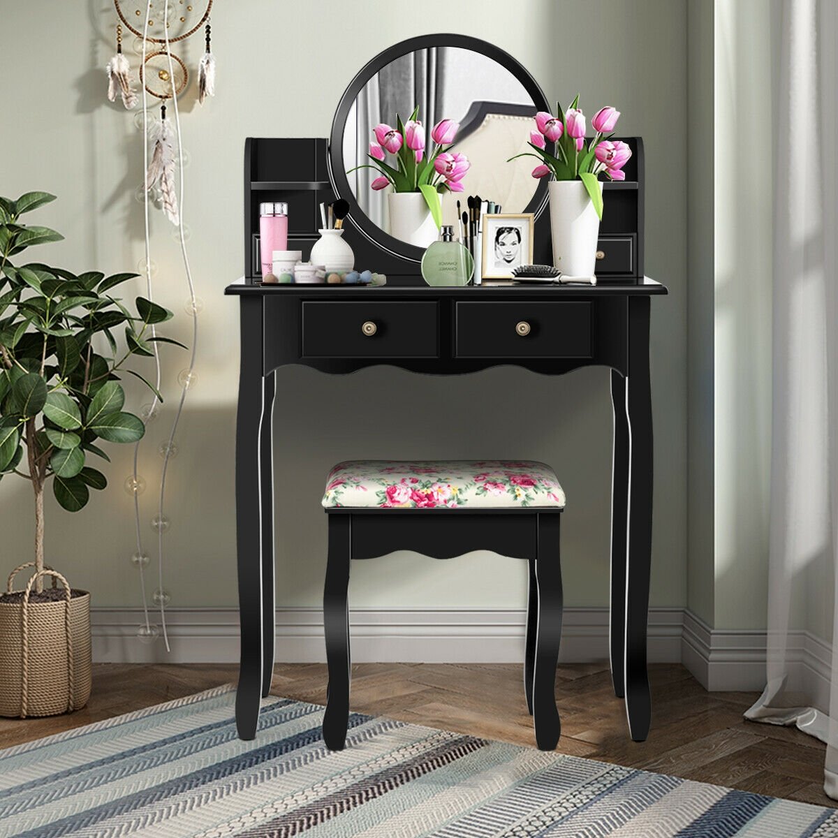 Makeup Vanity Table Set Girls Dressing Table with Drawers Oval Mirror, Black Makeup Vanities   at Gallery Canada