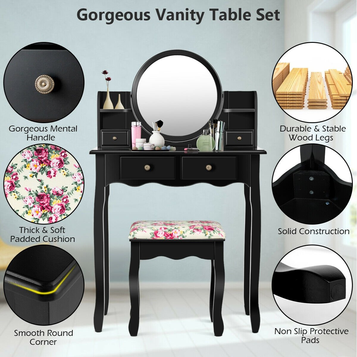 Makeup Vanity Table Set Girls Dressing Table with Drawers Oval Mirror, Black Makeup Vanities   at Gallery Canada