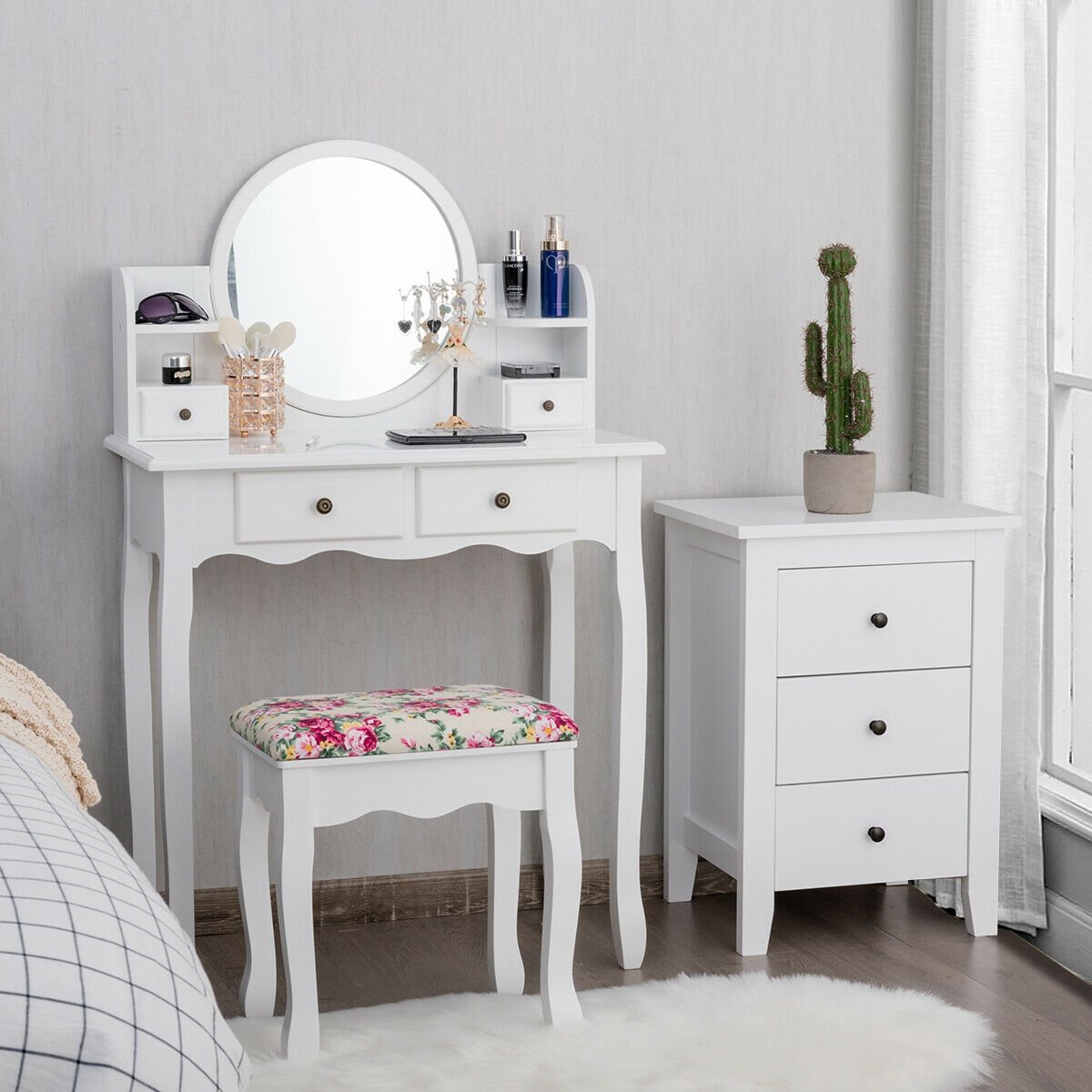 Makeup Vanity Table Set Girls Dressing Table with Drawers Oval Mirror, White Makeup Vanities   at Gallery Canada