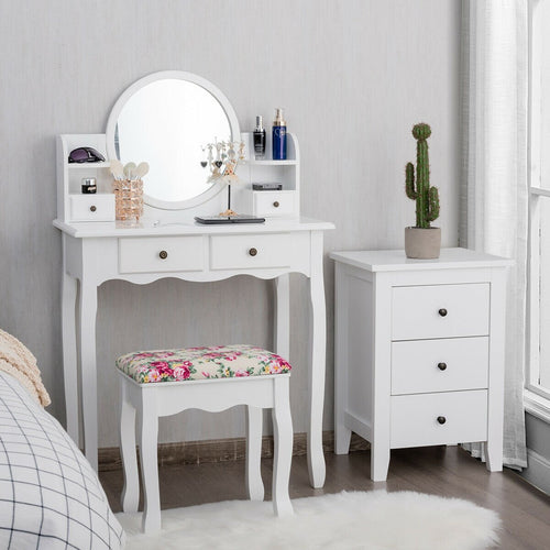 Makeup Vanity Table Set Girls Dressing Table with Drawers Oval Mirror, White