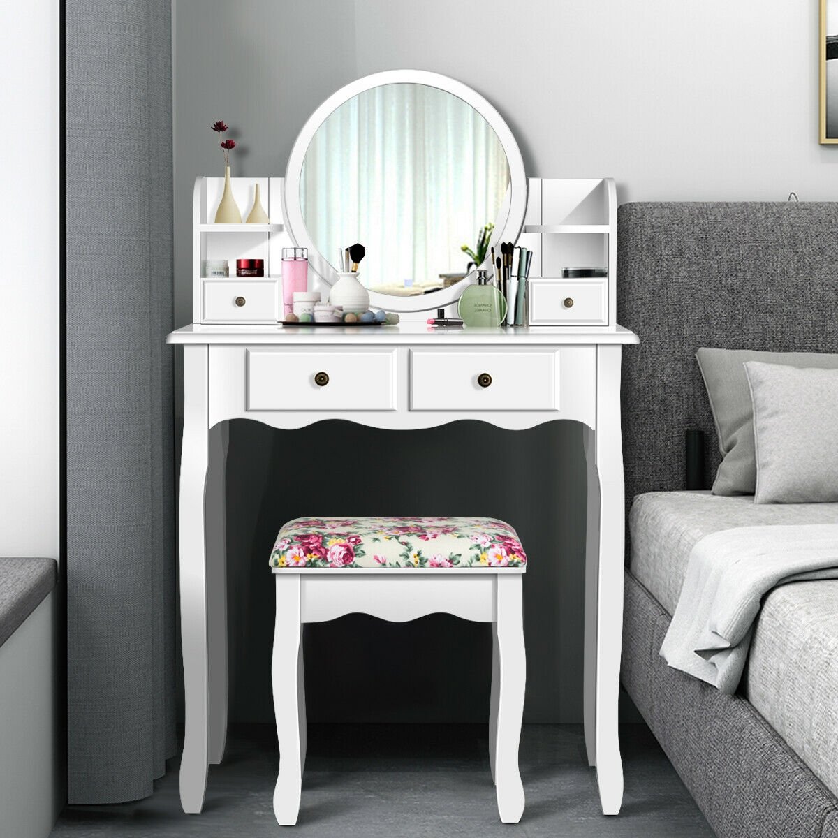 Makeup Vanity Table Set Girls Dressing Table with Drawers Oval Mirror, White Makeup Vanities   at Gallery Canada