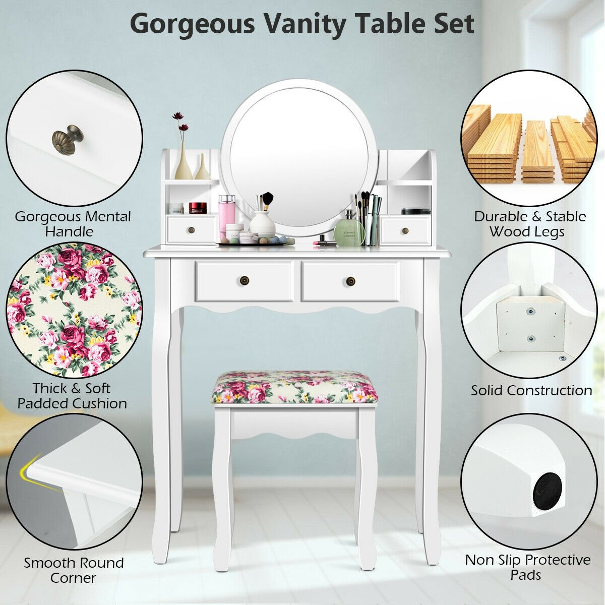 Makeup Vanity Table Set Girls Dressing Table with Drawers Oval Mirror, White Makeup Vanities   at Gallery Canada