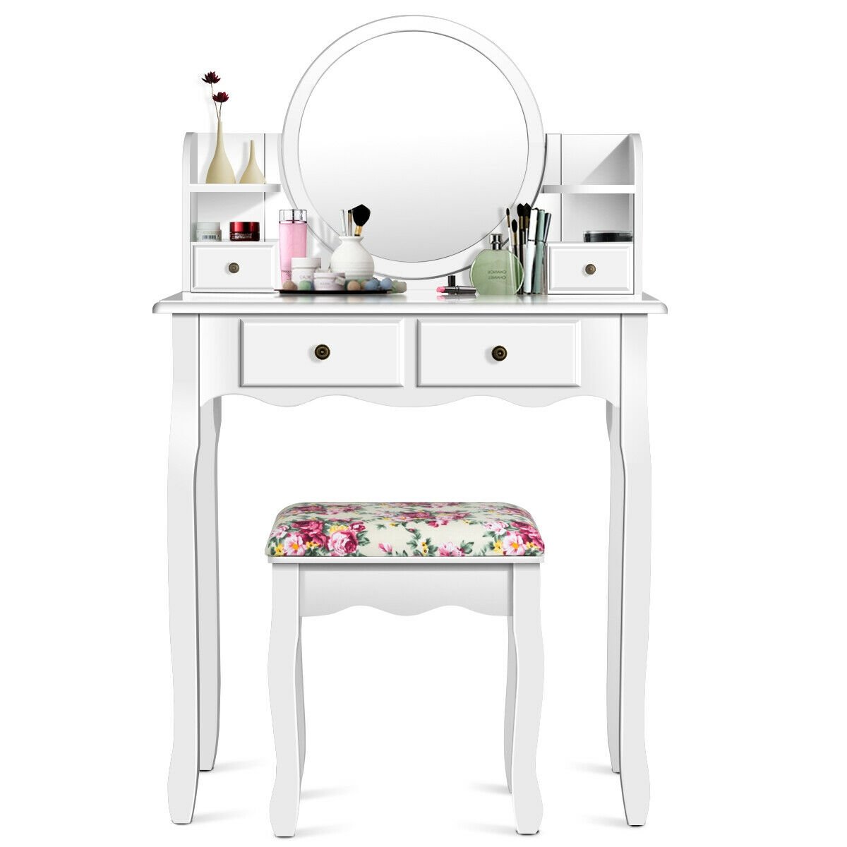 Makeup Vanity Table Set Girls Dressing Table with Drawers Oval Mirror, White Makeup Vanities   at Gallery Canada