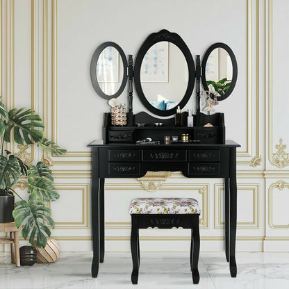 7 Drawer Tri-Folding Mirror Dressing Vanity Makeup Set, Black - Gallery Canada