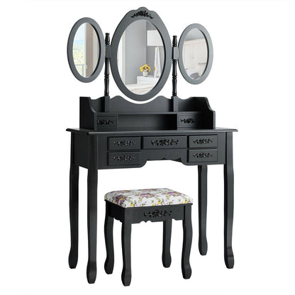 7 Drawer Tri-Folding Mirror Dressing Vanity Makeup Set, Black Makeup Vanities   at Gallery Canada