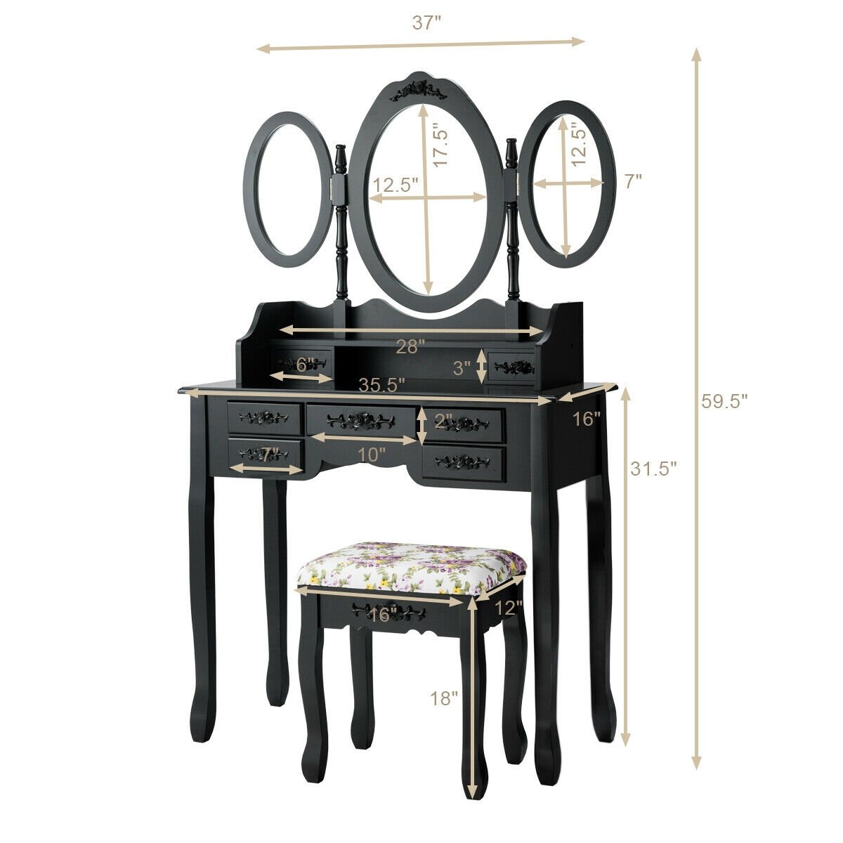 7 Drawer Tri-Folding Mirror Dressing Vanity Makeup Set, Black Makeup Vanities   at Gallery Canada