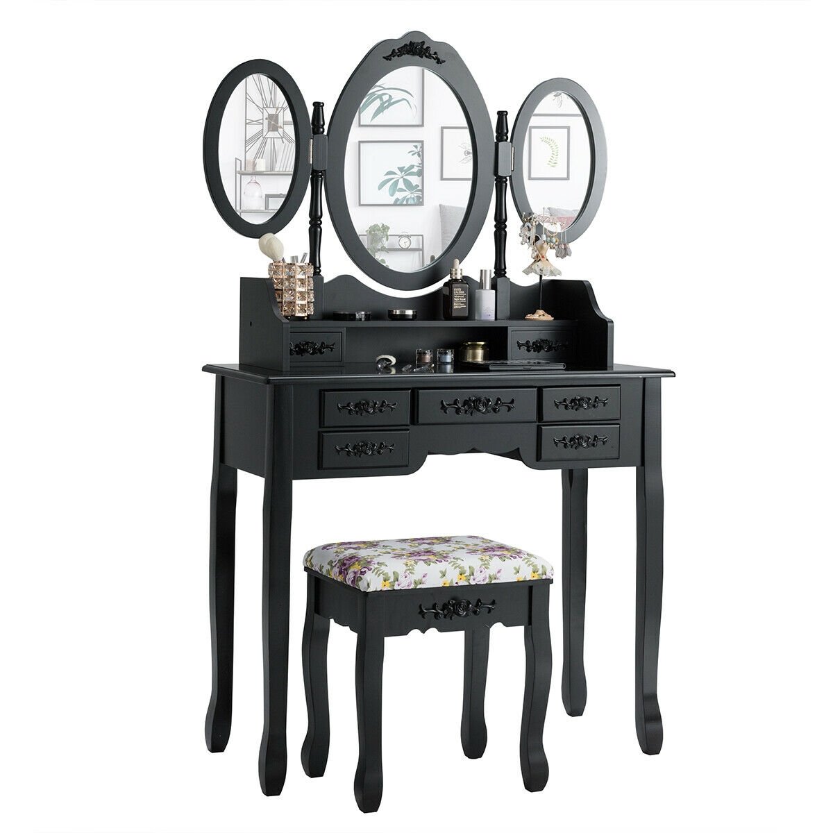 7 Drawer Tri-Folding Mirror Dressing Vanity Makeup Set, Black Makeup Vanities   at Gallery Canada