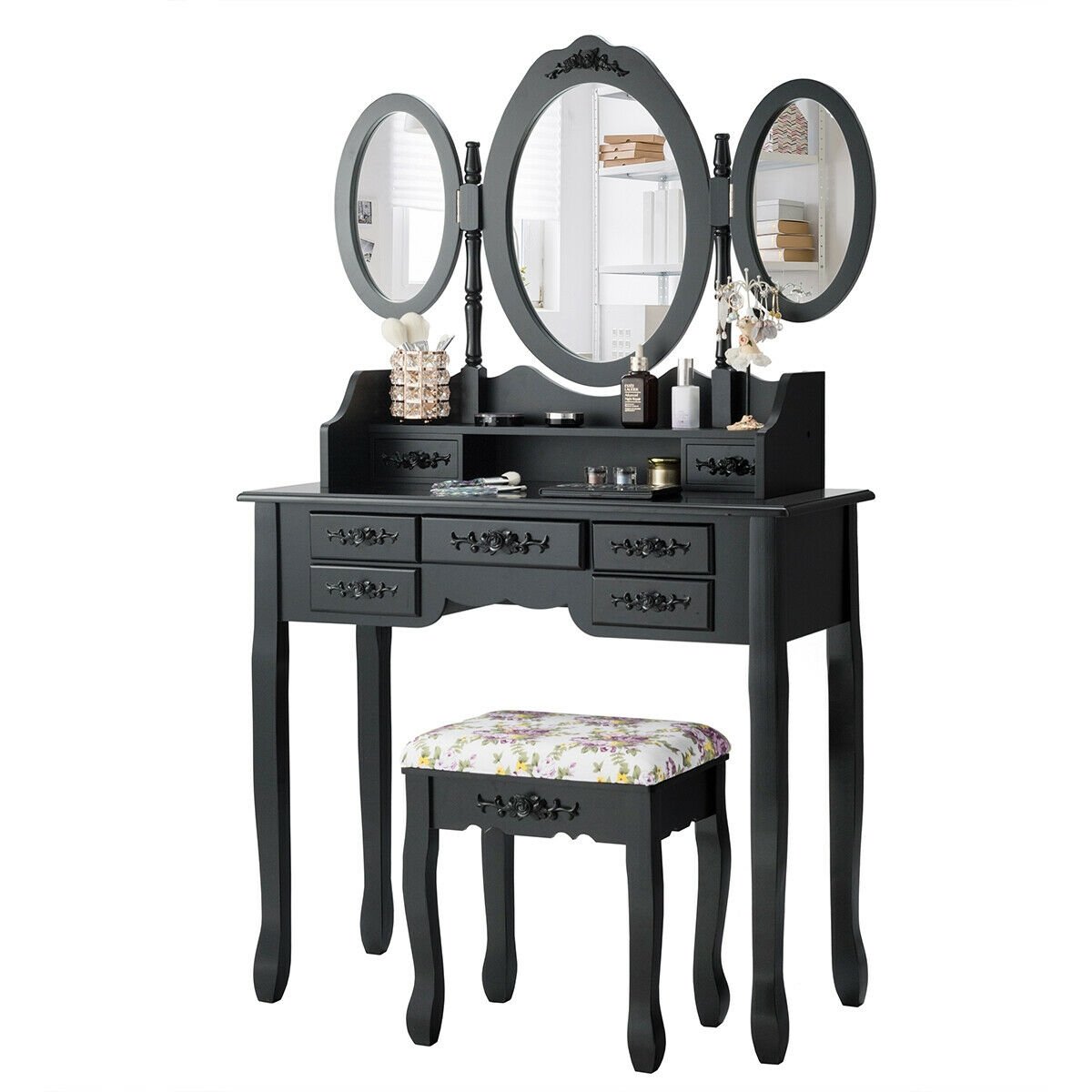 7 Drawer Tri-Folding Mirror Dressing Vanity Makeup Set, Black - Gallery Canada