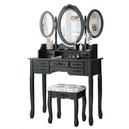 7 Drawer Tri-Folding Mirror Dressing Vanity Makeup Set, Black Makeup Vanities   at Gallery Canada