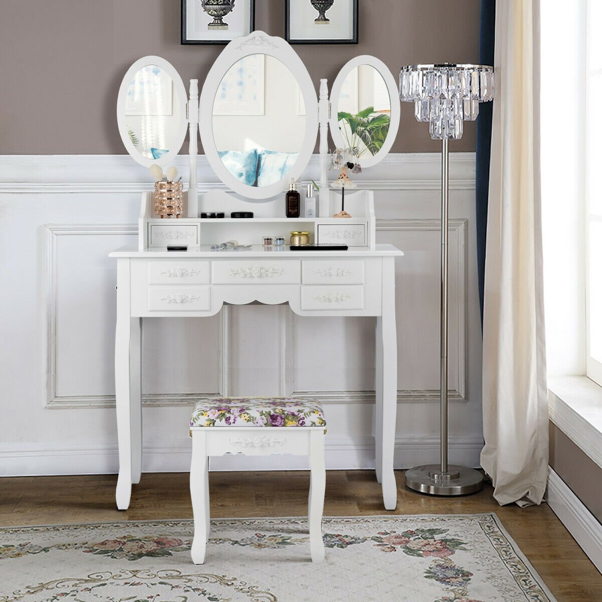 Vanity Set with Tri-Folding Mirror and Cushioned Stool, White Makeup Vanities   at Gallery Canada