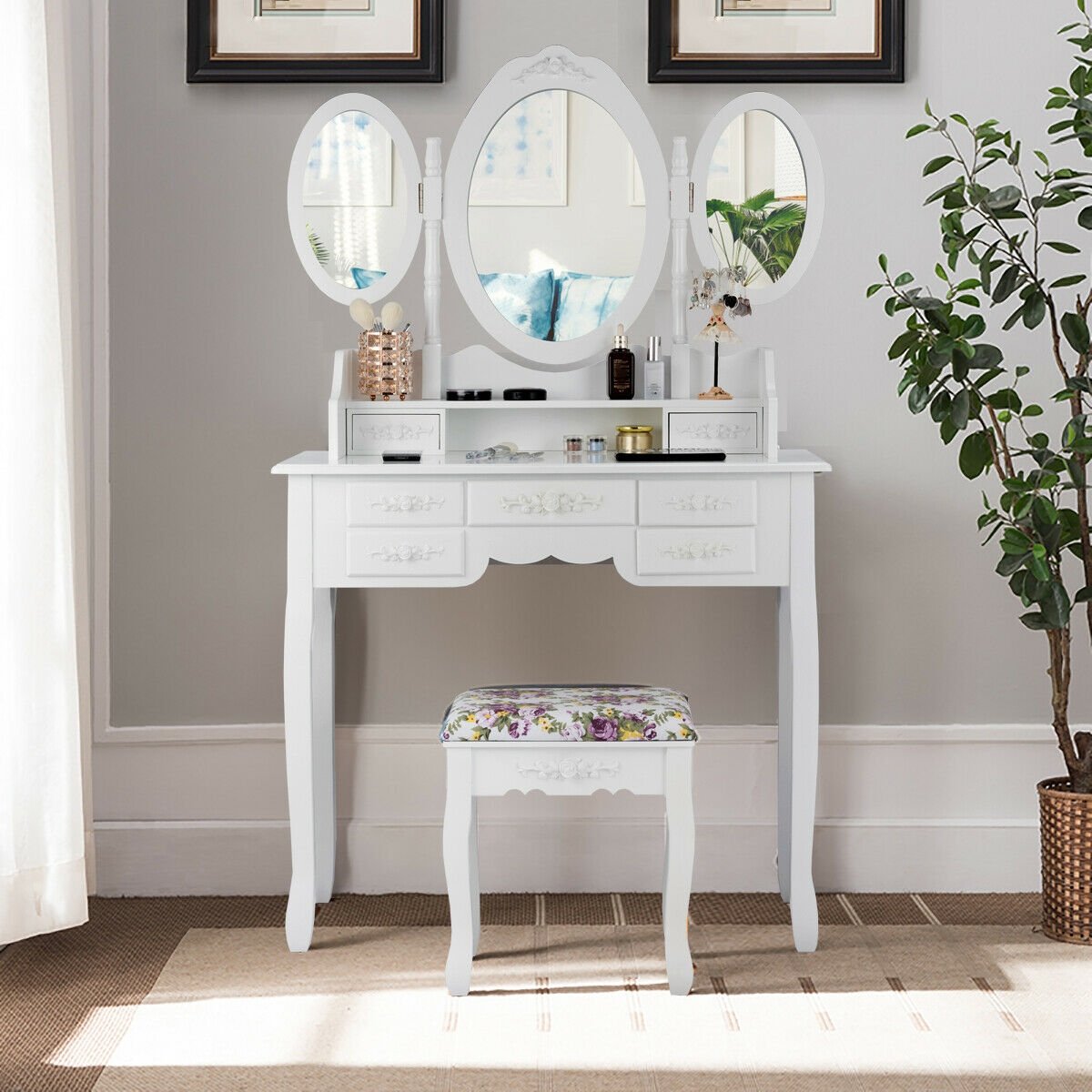 Vanity Set with Tri-Folding Mirror and Cushioned Stool, White Makeup Vanities   at Gallery Canada