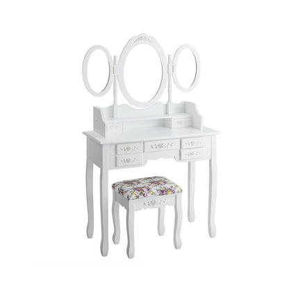 Vanity Set with Tri-Folding Mirror and Cushioned Stool, White - Gallery Canada