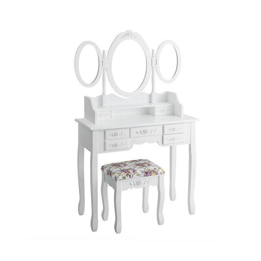 Vanity Set with Tri-Folding Mirror and Cushioned Stool, White Makeup Vanities   at Gallery Canada