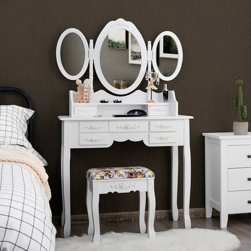 Vanity Set with Tri-Folding Mirror and Cushioned Stool, White