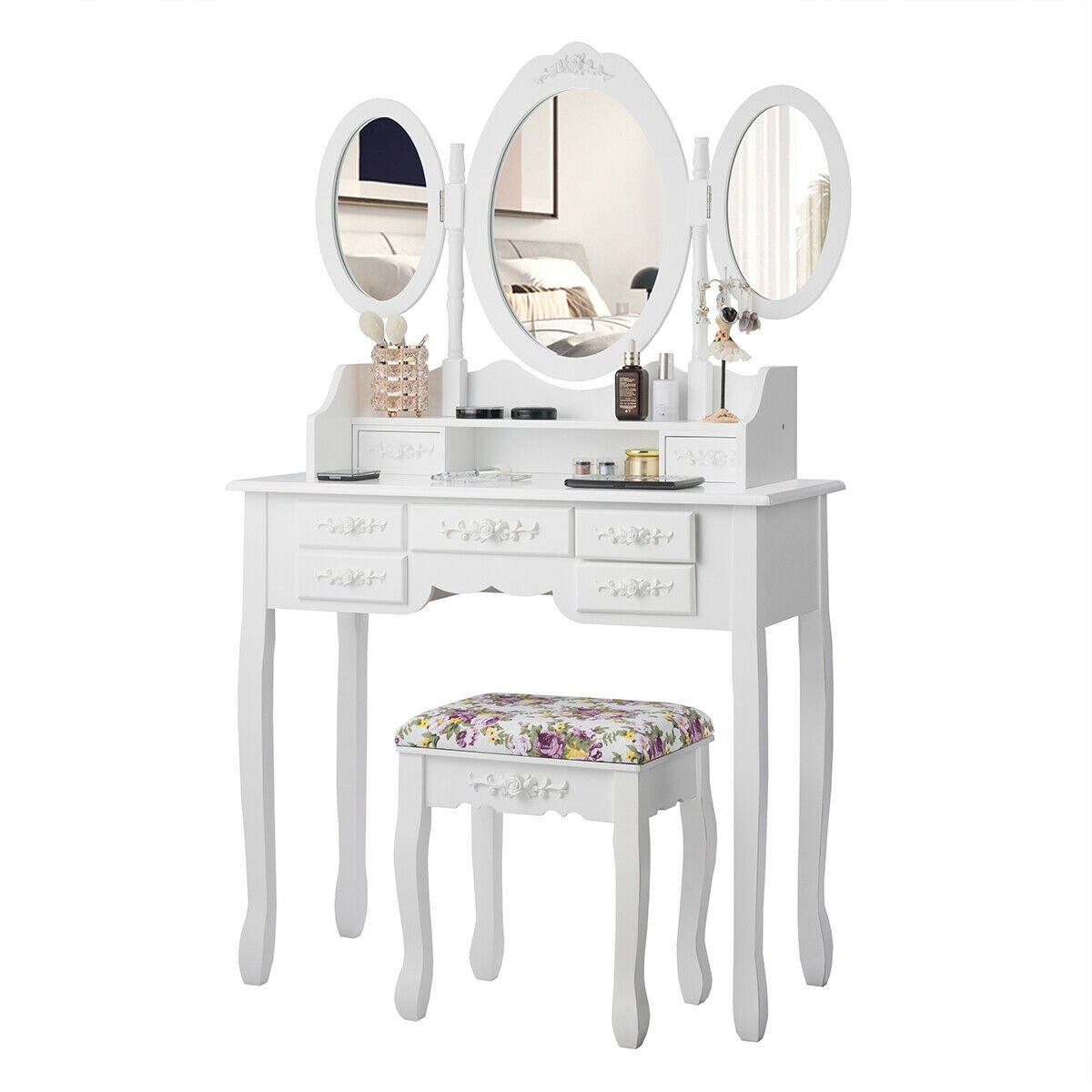 Vanity Set with Tri-Folding Mirror and Cushioned Stool, White - Gallery Canada