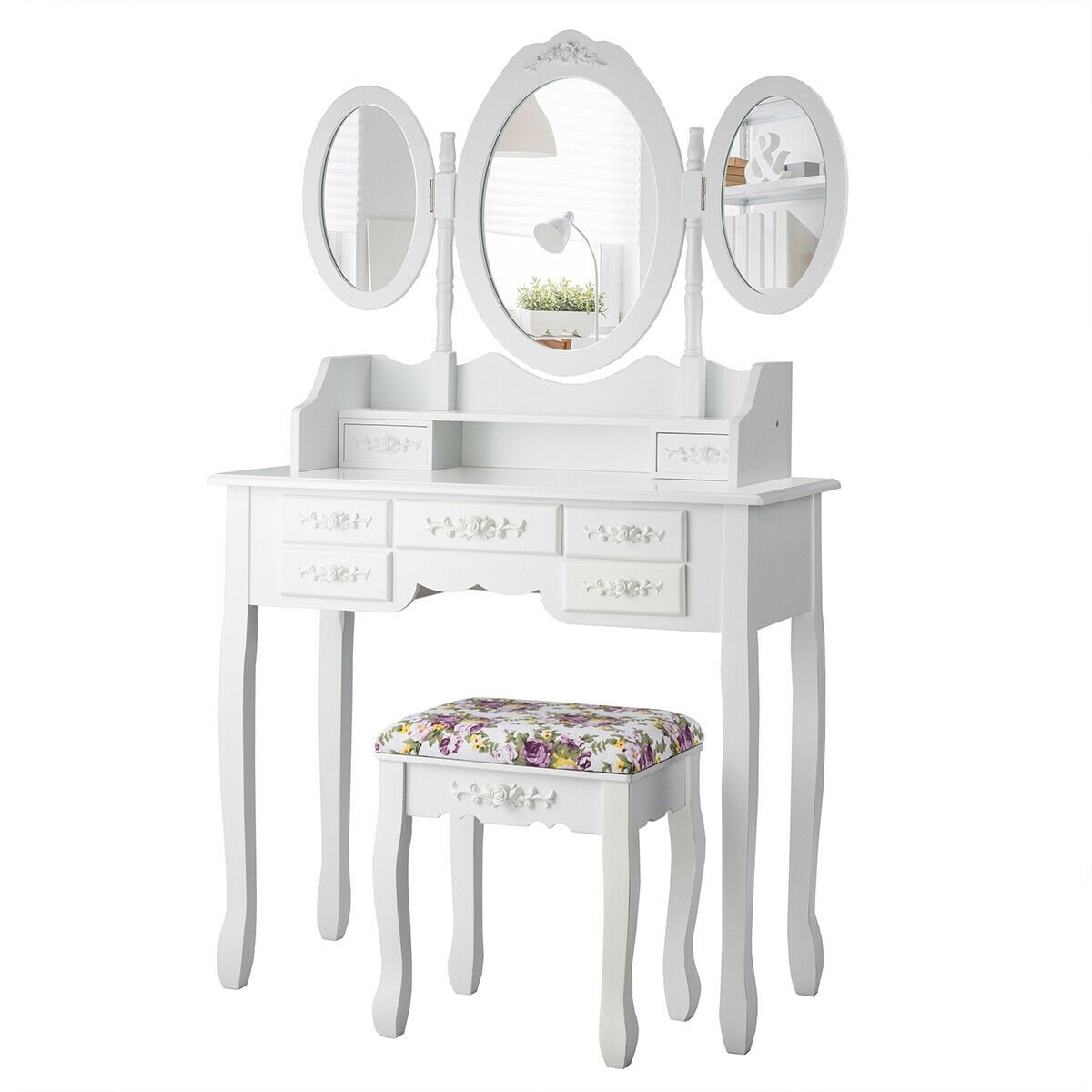 Vanity Set with Tri-Folding Mirror and Cushioned Stool, White Makeup Vanities   at Gallery Canada